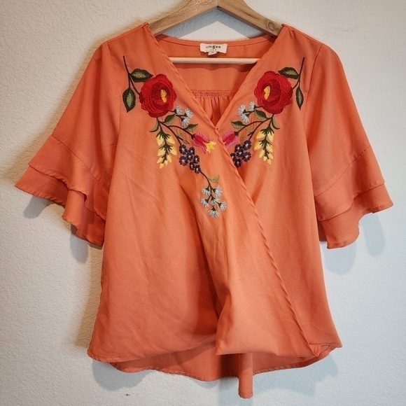 Umgee Tops - UMGEE Cantaloupe Orange Flowing Floral Embroidered Top size M